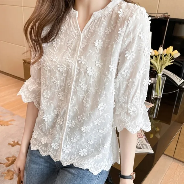 Women's Cotton Short Sleeve Lace Blouse, Summer Tops, Embroidery Floral, White Shirt, Fashion Casual Blouses, 9638 4