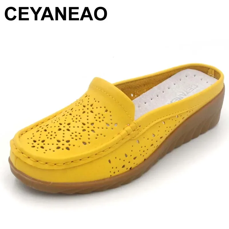 Women Slipper Loafers Shoes Cow Leather Breathable Cool Pointed Toe wedge Female Footwear Casual Women Flats Shoes CEYANEAO