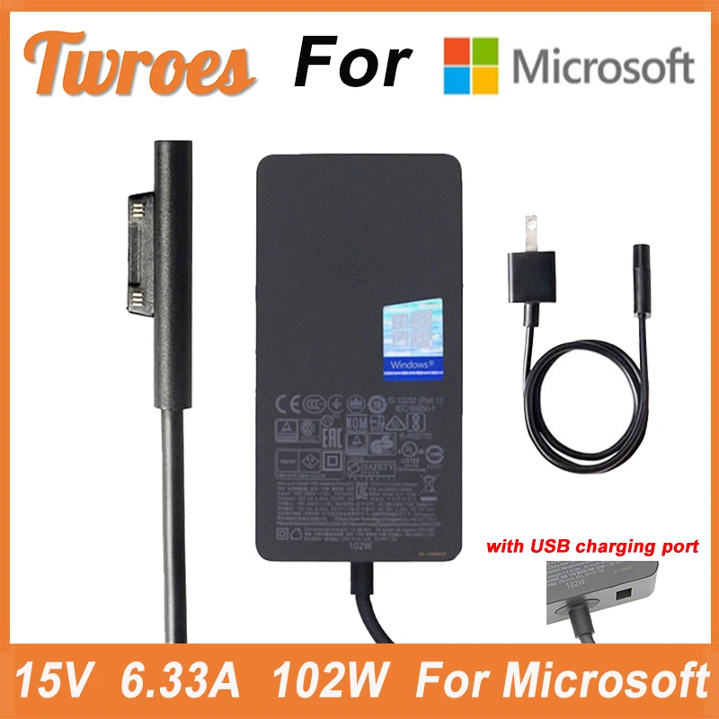 Caricabatterie 15V 6.33A 102W Per Microsoft Surface Book 2 Surface Go Surface Pro 6 Pro 7 Pro 5 Pro 4 Pro Con Caricatore Usb Dc 5V 1.5A