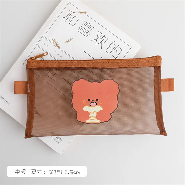 Cute Bear Transparent Mesh Pencil Case Ins Portable Toiletry Makeup Pencil Bag Stationery Gift School Pencil Box Crafts Supplies Bear bread-M