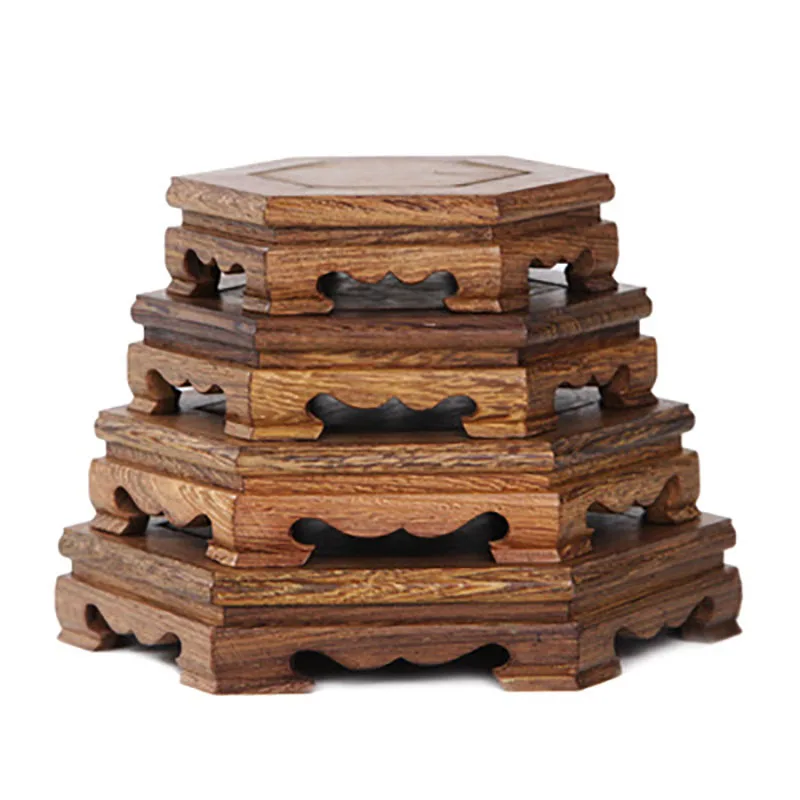 Solid Wood Hexagonal Purple Clay Pot Tea Set Base, Mahogany Chicken Wing Wood Vase, Flower Bonsai Wood Bracket