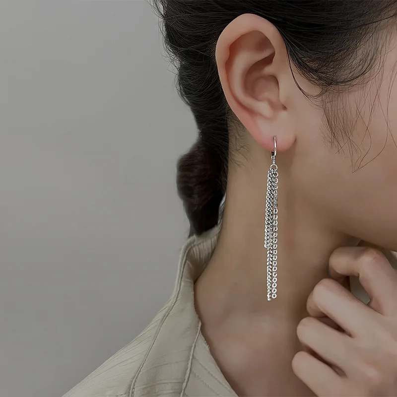 Silver Asymmetrical Long Earrings for Women Tassel Ear Chain Ear Buckles long earrings crystal tassel earrings