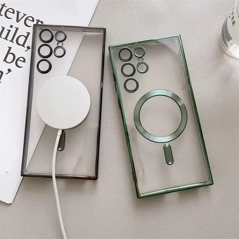 Luxury Transparent Plating For Magsafe Case For Samsung Galaxy S22 S23 S21 Ultra Plus Wireless Charge Silicone Clear Cover Cases