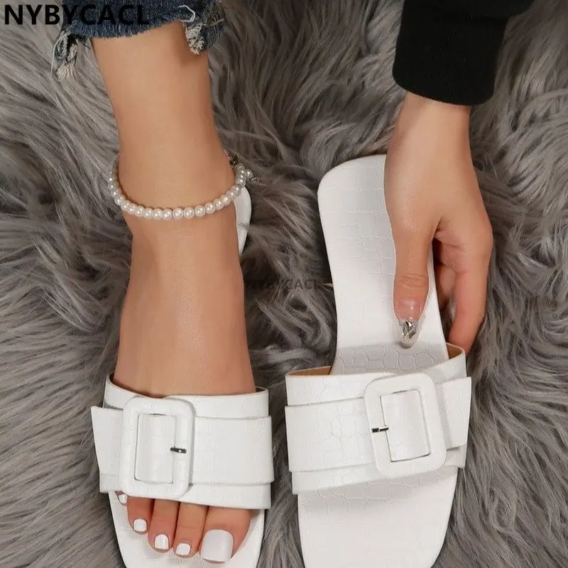 

2023 New Fashion Buckle Summer Slippers Women Casual Square Toe Flat Sandals Woman Comfortable Beach Sexy Slides Plus Size 41 42