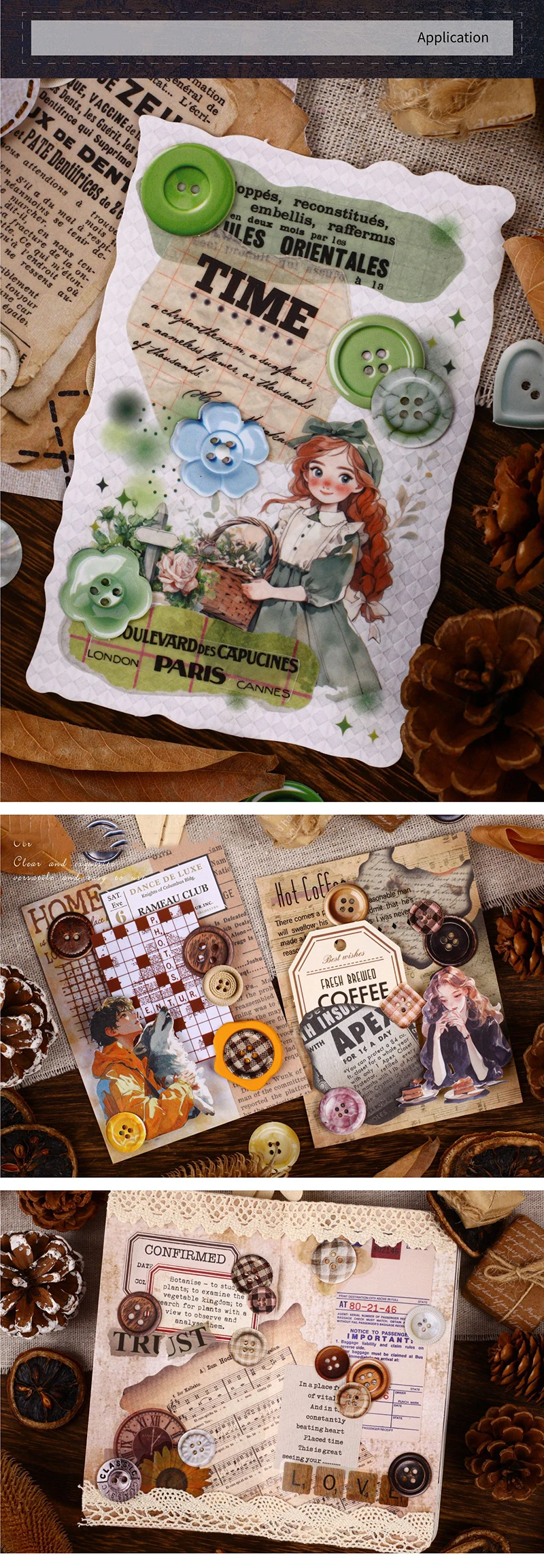 JIANWU Button Series Vintage Button Shaped Landscape Material Collage Scrapbooking Sticker Creative DIY Journal Stationery