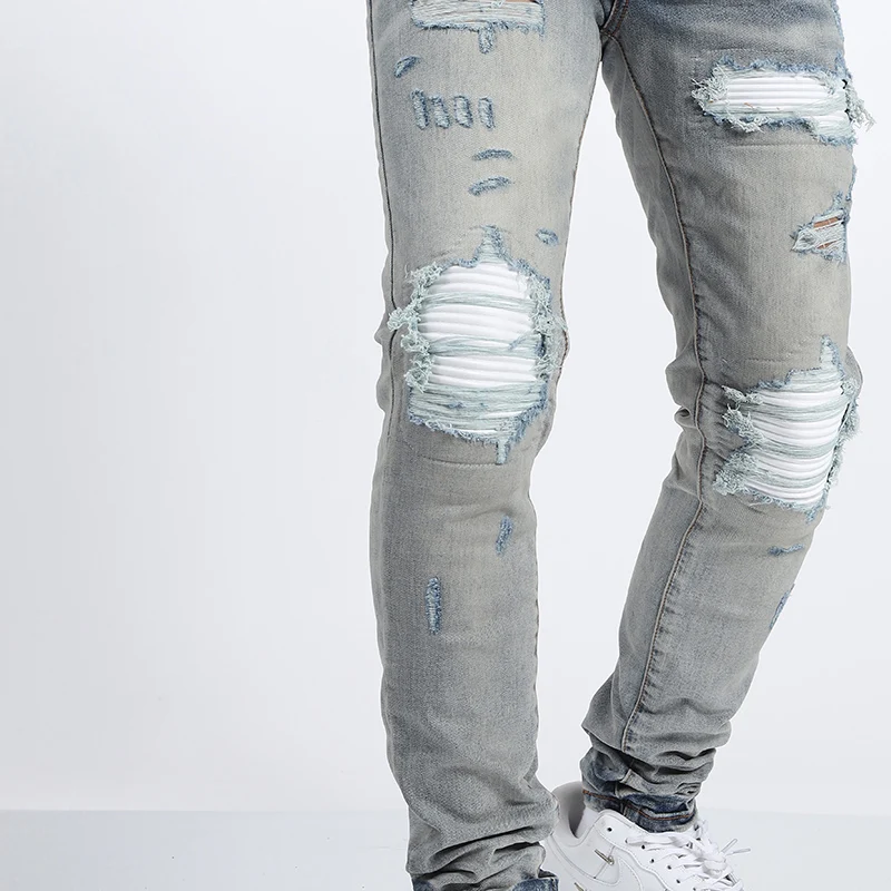 Street Fashion Men Jeans Retro Washed Light Blue Stretch Skinny Ripped Jeans Men Leather Patched Designer Hip Hop Brand Pants