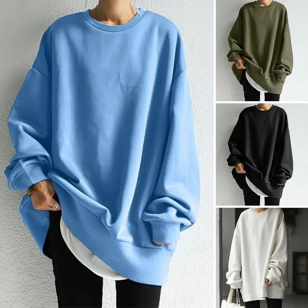 

Women Sweatshirt Oversize Long Sleeves Crew Neck Solid Color Pullover Warm Soft Long Style Autumn Sweatshirt Female Clothes