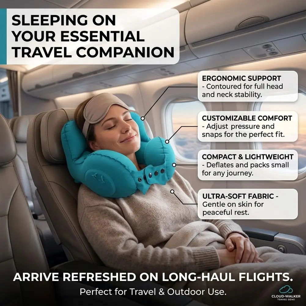 Compact Inflatable U-Shaped Travel Neck Pillow for Comfortable, Tilt-Free Rest