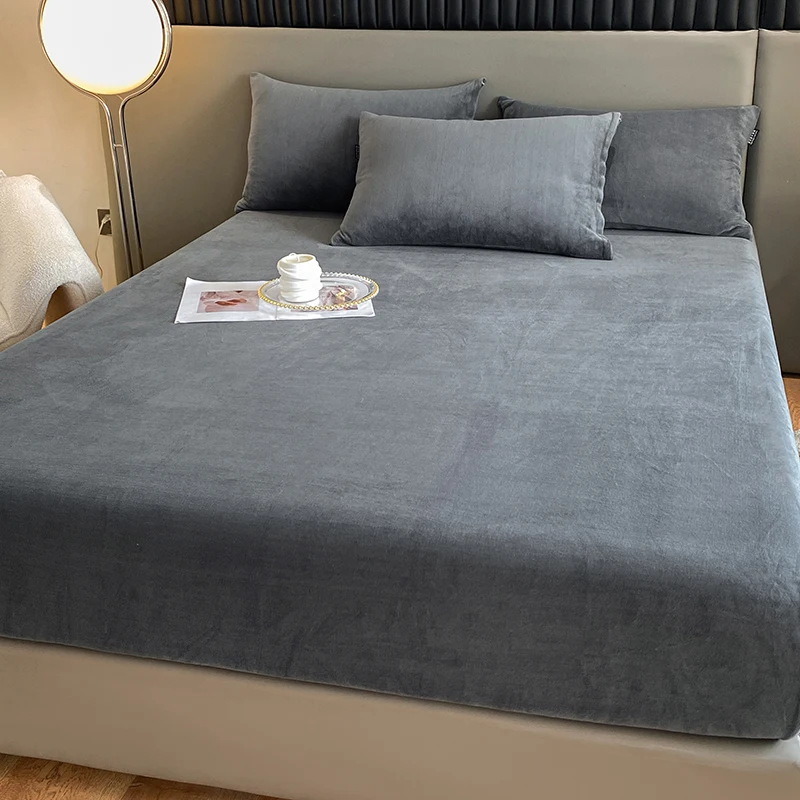 Velvet Fabric Fitted Sheet Soft Comfortable Elastic Bedspread Mattress Cover Bed Protector Winter Warm Flannel Fitsheet 2
