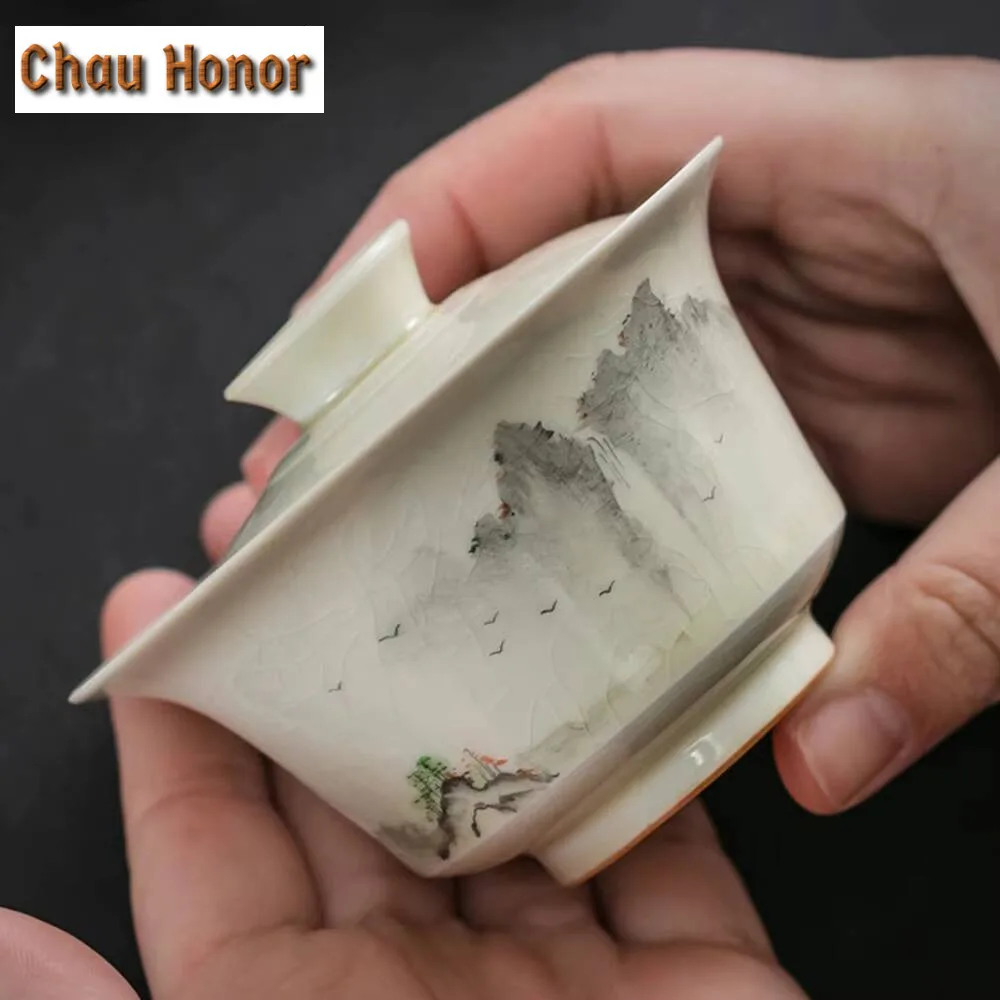 170ml Retro Grass Wood Gray Glaze Gaiwan Antique Landscape Anti Scalding Tea Tureen Tea Making Cover Bowl Teaset Ornaments Gift