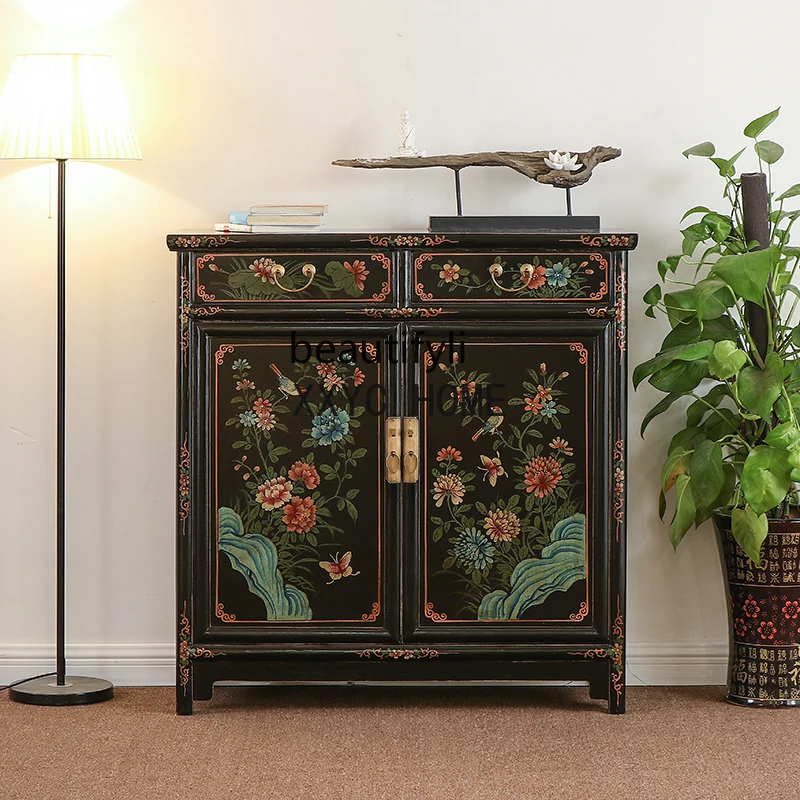 

New Chinese Style Solid Wood Shoe Cabinet Painted Distressed Living Room Entrance Locker New Classical Sideboard Cabinet