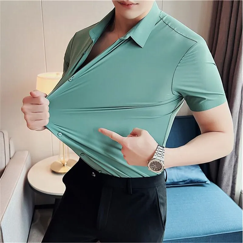 Casual Short Sleeved Shirt Short Sleeved Shirt 6colors Solid High Elasticity Seamless Short Sleeve Shirts Men Slim Social Casual Business Formal Dress Shirt