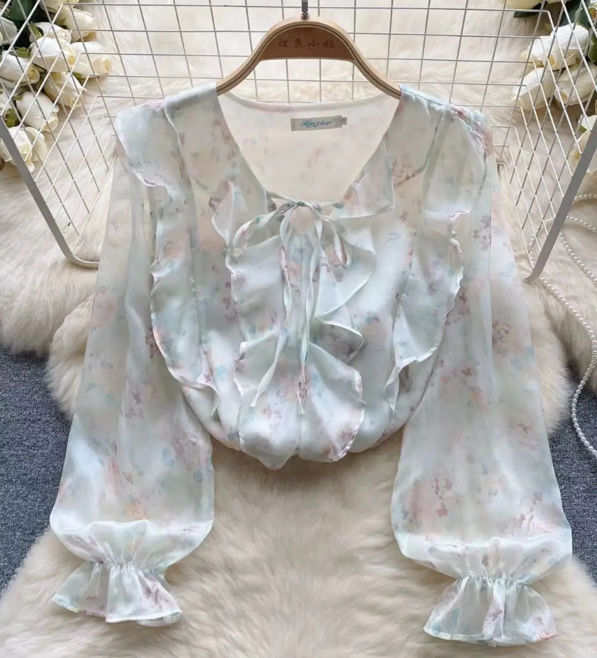

Korean Women's 2023 Autumn New French Fragmented V-neck Chiffon Shirt Woman Ruffles Sweet Blouse Office Lady OL Top
