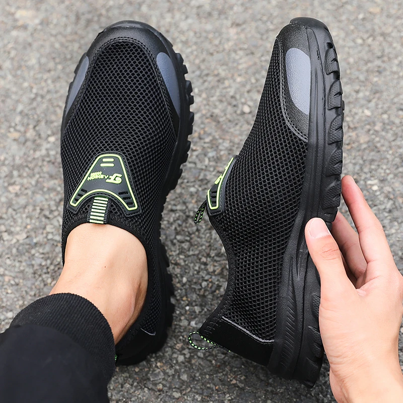 Outdoor Men's Slip on Shoes Cool in Summer Mesh Anti Slip Walking Shoes Fashion Breathable Comfortable Black Sneakers for Men