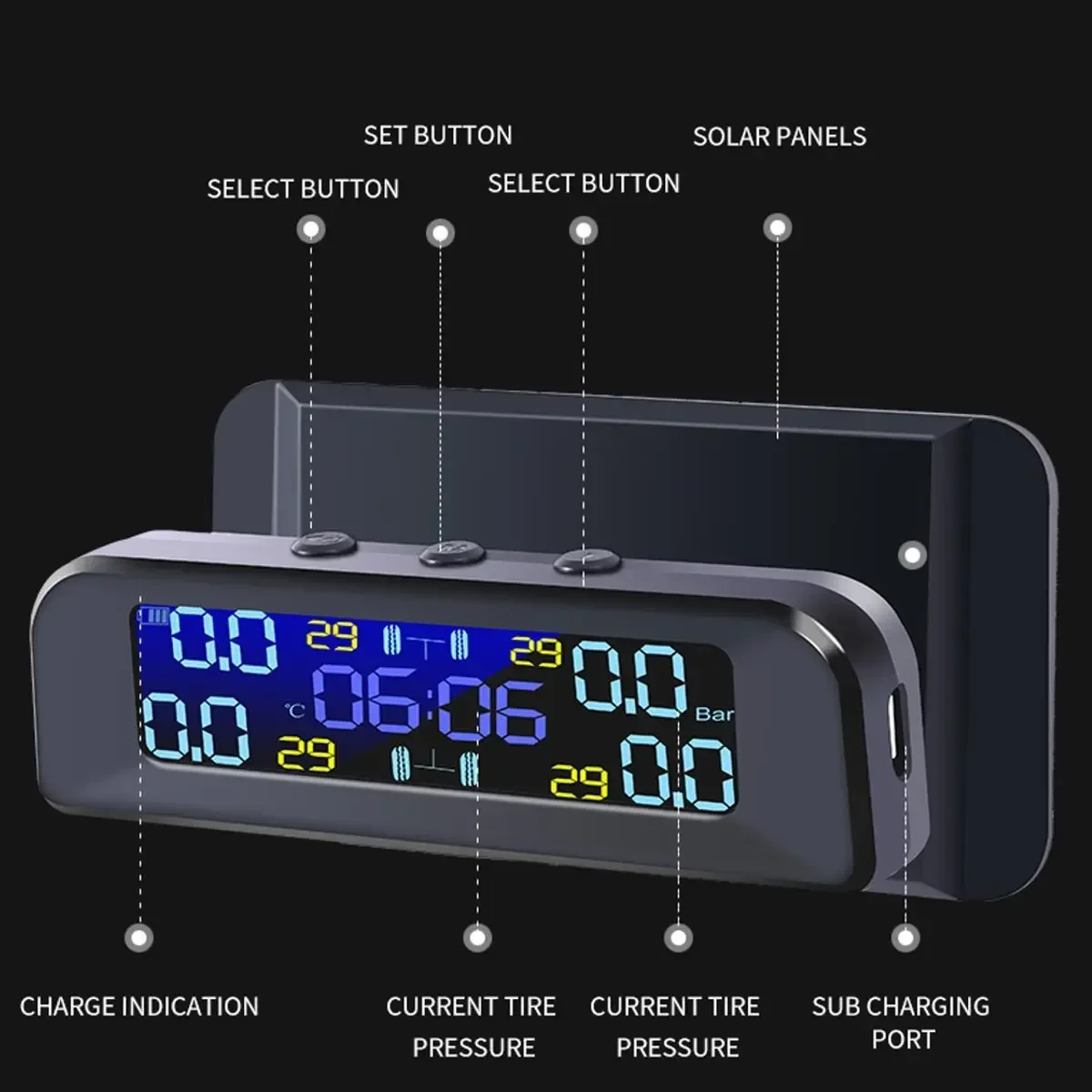 

Solar Power Smart Car TPMS Tire Pressure Monitoring System Digital TMPS LCD Display USB Auto Security Alarm Tire Pressure Sensor