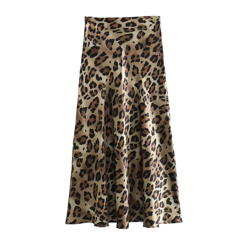 TRAF Leopard Print Satin Skirt Women High Waist Vintage Midi Skirt Woman Fashion Elegant Long Skirts For Women 2024 Summer Skirt