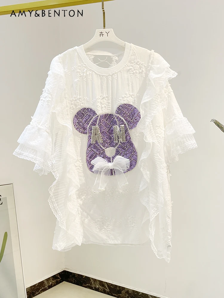 

Fashion Lace Stitching Cartoon Sequins Three-Quarter Sleeve Short Sleeves Top Loose Mid-Length Large Size Slim Shirts for Women