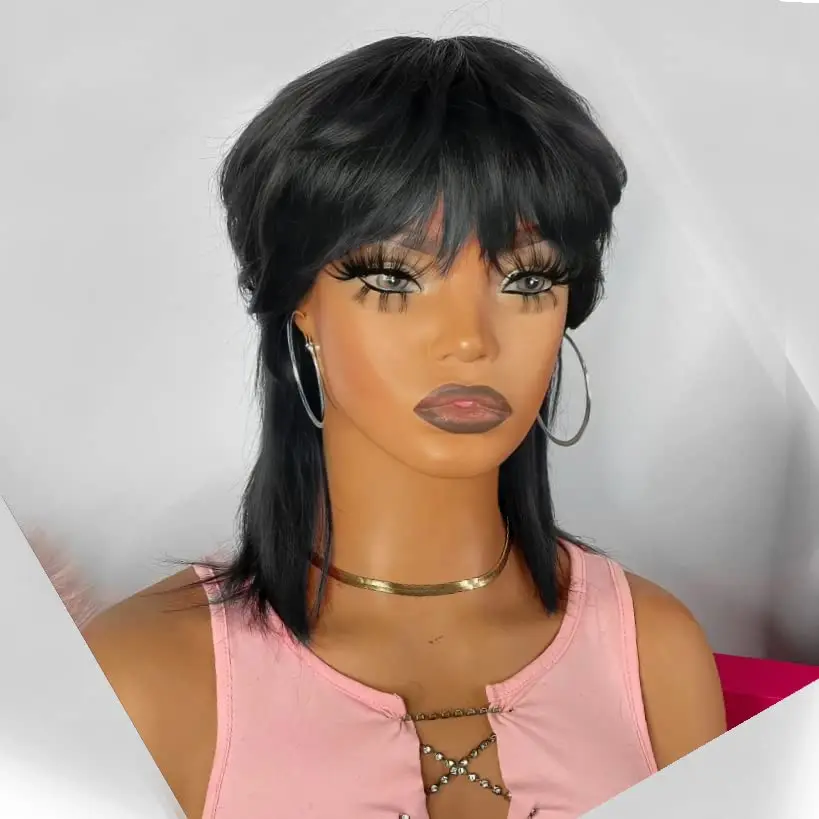 Short Pixie Cut Wigs Wear And Go Glueless Wigs Human Hair Short Straight Bob Wig With Bangs Black Brazilian Full Machine Wig