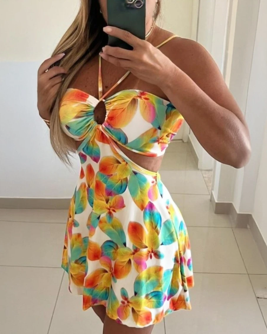 Floral Print Halter Tied Detail Elastic Shirred Back Mini Dress Casual Hollow Out A Line Vacation Dress 6