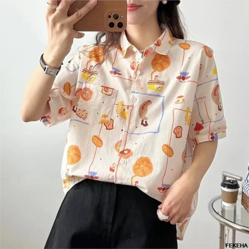 

Summer Women Printed Shirts Half Sleeve Floral Cartoon Loose Lady Tops Casual Female Clothes
