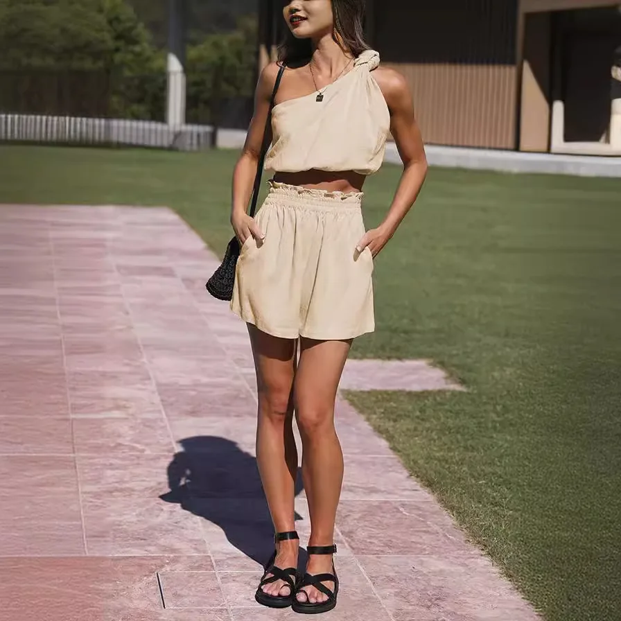 2024 Women's Collage Solid Color Two-piece Suit Top + Shorts Summer Street Hipster Fashion Summer Dresses 2024 Slight Strech