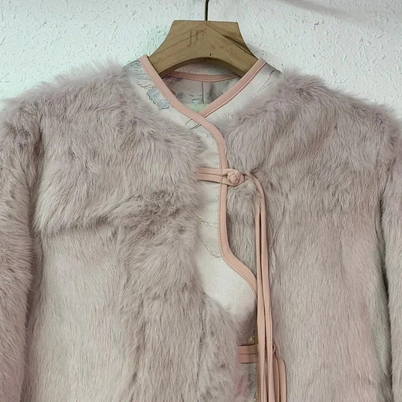 New Chinese Women National Style Pan Button Pink Short Coat Imitation Rabbit Hair Loose Long Sleeve Coat