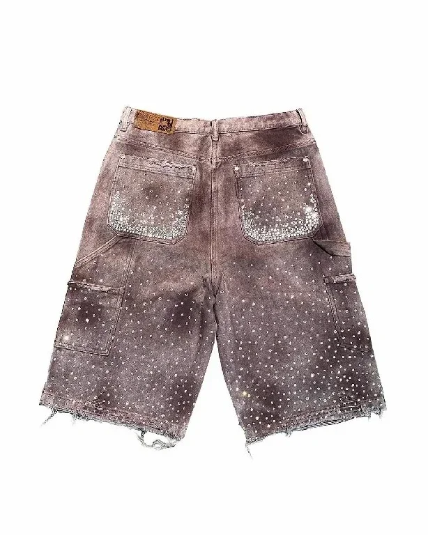 Streetwear Shorts Y2K Jeans Mens American Hip Hop Retro Rhinestones Sequins Baggy Denim Gym Shorts High Waist Casual men jeans denim pants denim shorts summer jeans shorts