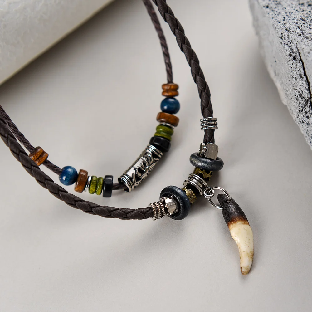 Vintage Men's Wolf Tooth Pendant Necklace Double Layer