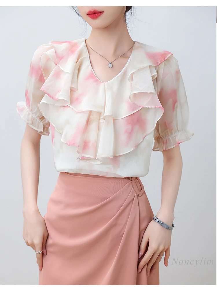 French Style V-neck Ruffled Chiffon Blouse Women's Summer Short Sleeve Shirt 2024 New Floral Top High-Grade All-Matching Blusa
