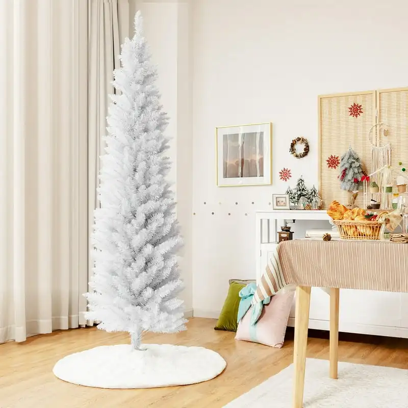 

7 FT Artificial Pencil White Christmas Tree Leafy Unlit Slim Xmas Tree