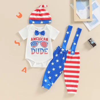 Lioraitiin Baby Boys 4th of July Outfit Letter Print Short Sleeve Rompers Stripe Stars Suspender Long Pants Hat 3Pcs Clothes Set 2