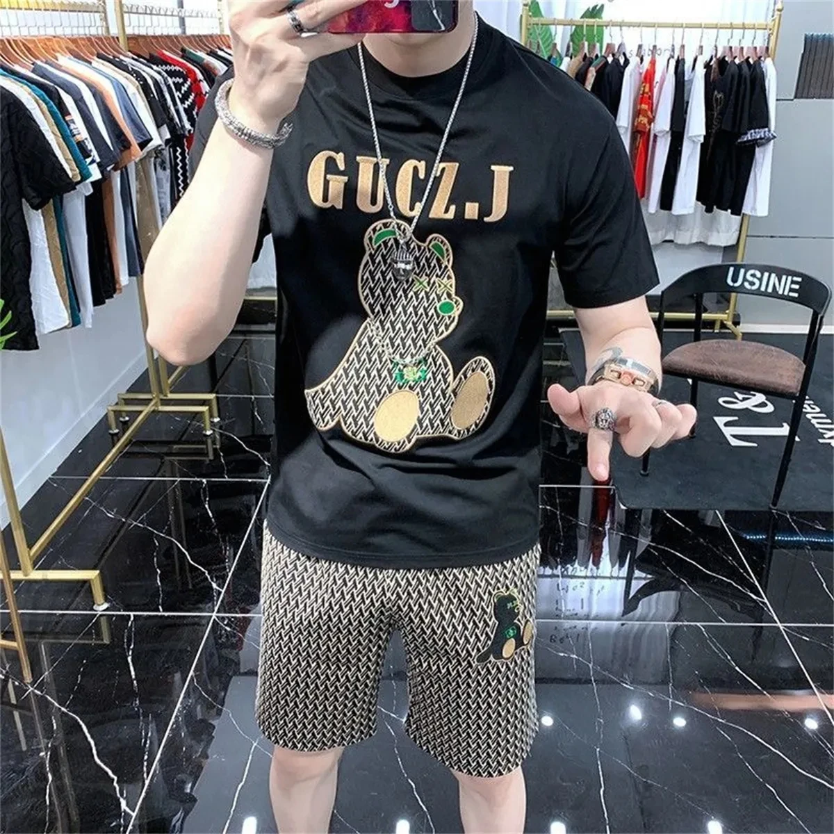 Summer Popular Men's T-Shirt+Shorts Suit Women Sports Suit Brand Printing Casual Fashion Quick Drying Short-sleeved T-shirt Set