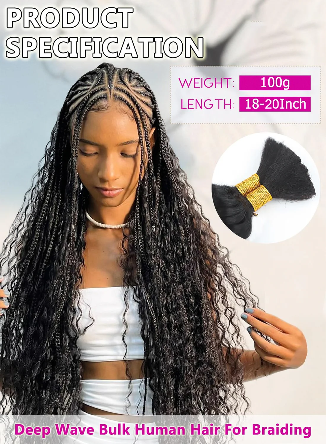 18 inch human braiding hair 2 Bundle 100g Deep Wave Bulk Human Hair for Braiding No Weft 10A Curly Bulk Curly