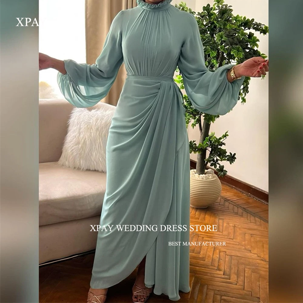 

XPAY Modest Silk Chiffon Evening Dresses High Neck Puff Long Sleeves Women Arabic Prom Gowns Long Formal Party Dress