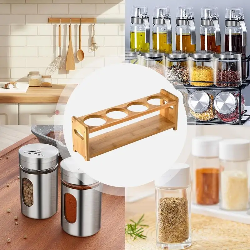 Seasoning Rack For Countertop Double-Layered Tray Holder Wine Glass Wooden Organizer Rack 4 Holes Seasoning Storage Rack Shelf