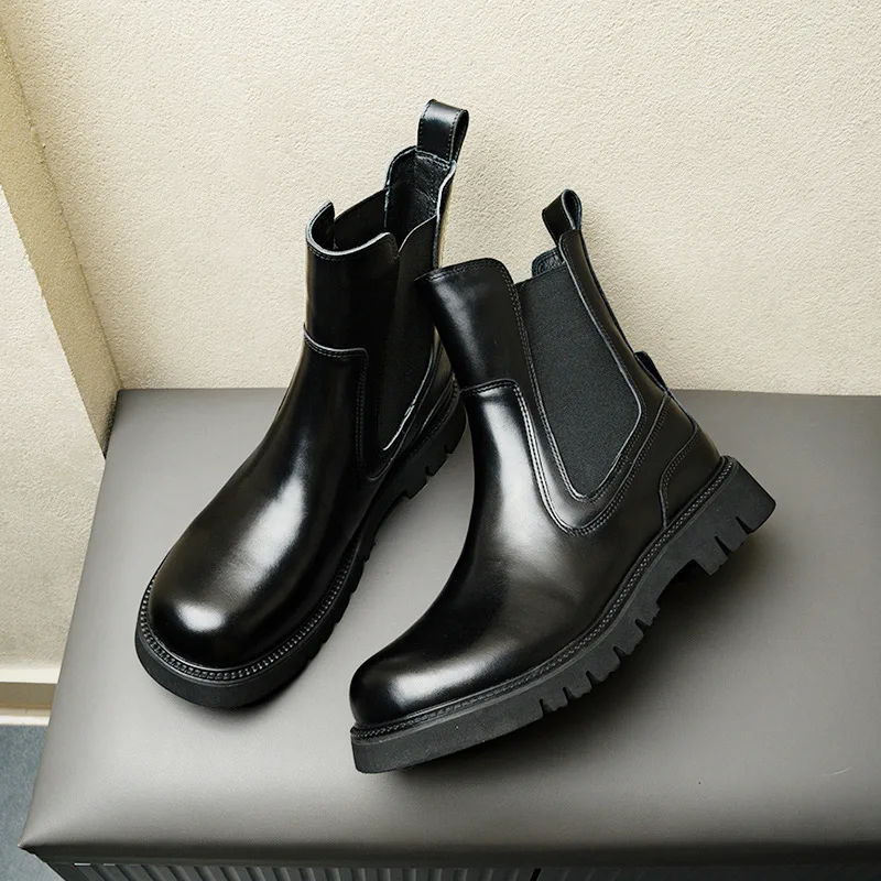 

Luxury Mens Chelsea Boots Platform Genuine Leather Designer Fashion Elegant New Ankle Winter Warm Ankle Wedding Social Shoes Man