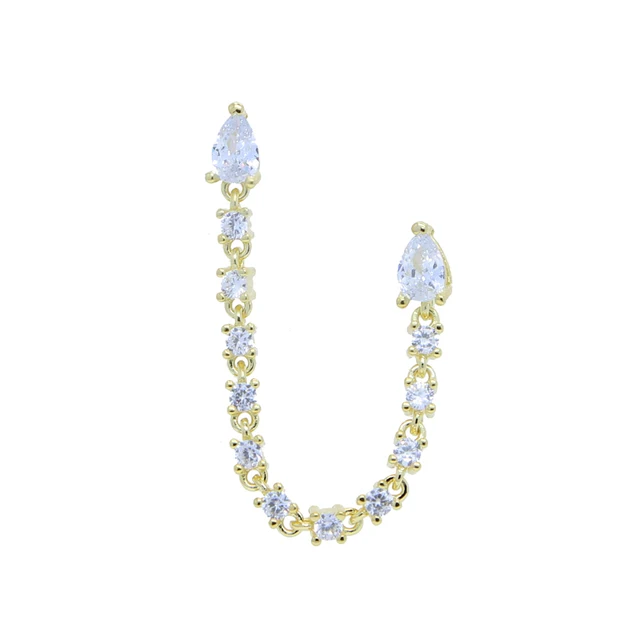Boucles d'Oreilles Double 2 Piercing pour Femme, Goutte d'Eau, Tendance, Romantique, 5A CZ, Station Link, JoTassel, 1 Pièce