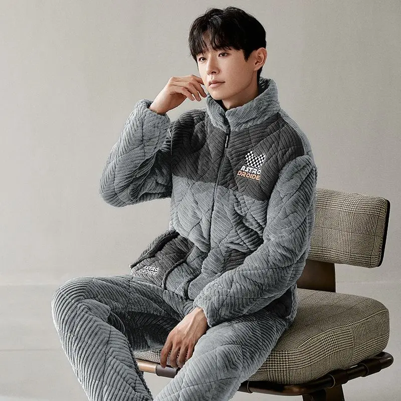 Winter Men's Pajamas Three-Layer Quilted Thickened Velvet Coral Fleece Youth Homewear Suit Stand-up Collar Thermal Nightclothes