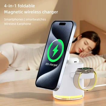 4 in 1 QI2 Wireless Charger Fast Charging Dock Stand Night Light For Magsafe iPhone 16 15 14 Pro Max Airpods Pro 2-8 Apple Watch 6