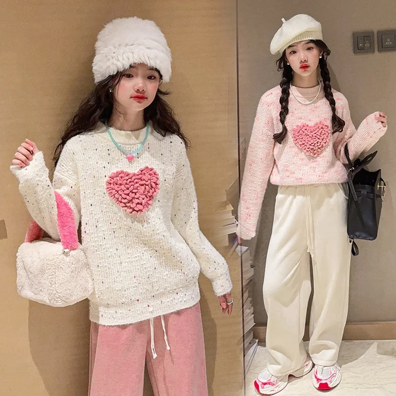

Cute Girls Sweaters Love Heart Designer Spring Autumn Kids Sweaters Coats Winter Thicken Pullovers Pink Children's Knit Shirts