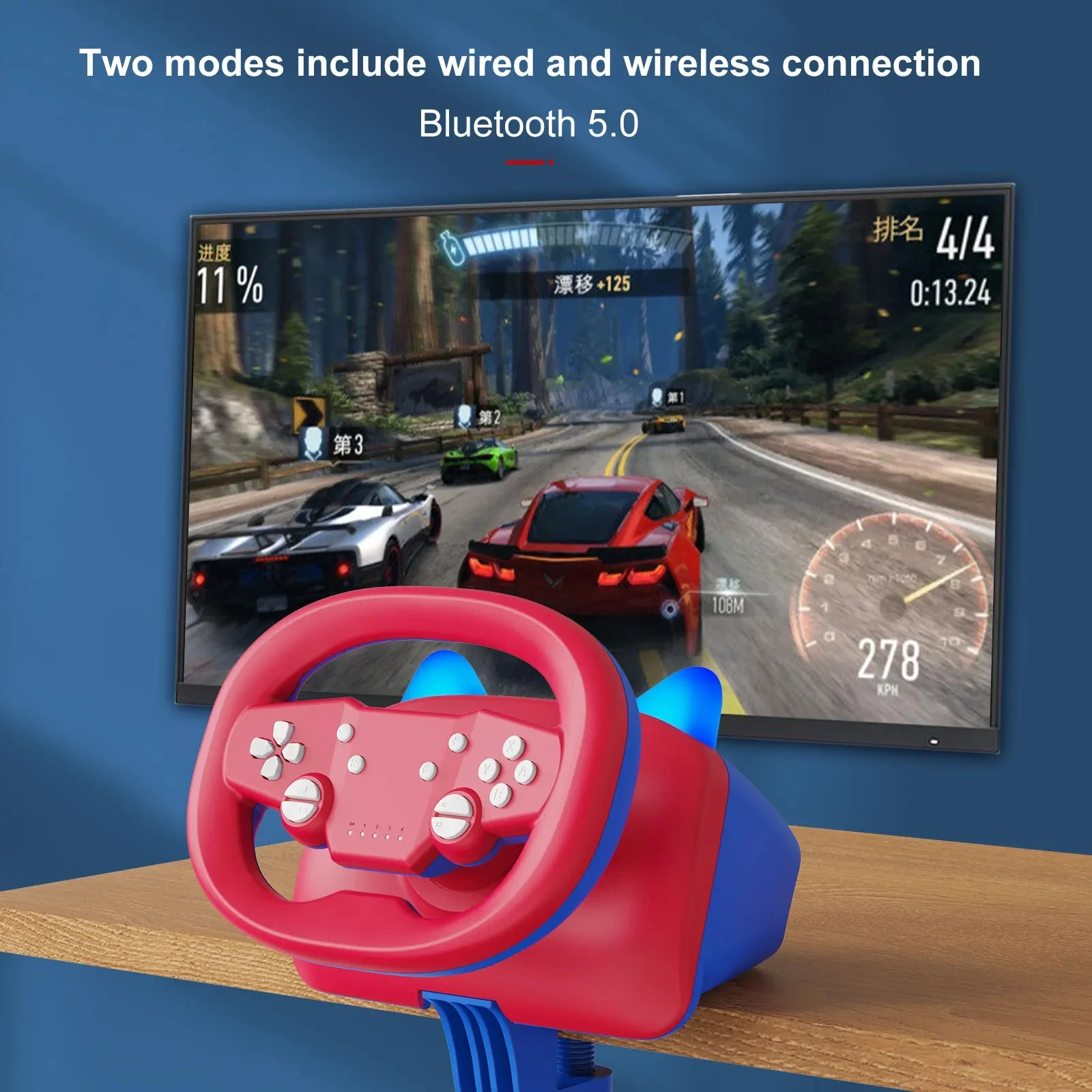 DOYO 270 ° 회전 무선 레이싱 스티어링 휠, 화려하고 귀여운 게임 휠, PC, PS3, PS4, 닌텐도 스위치, 안드로이드, iOS용