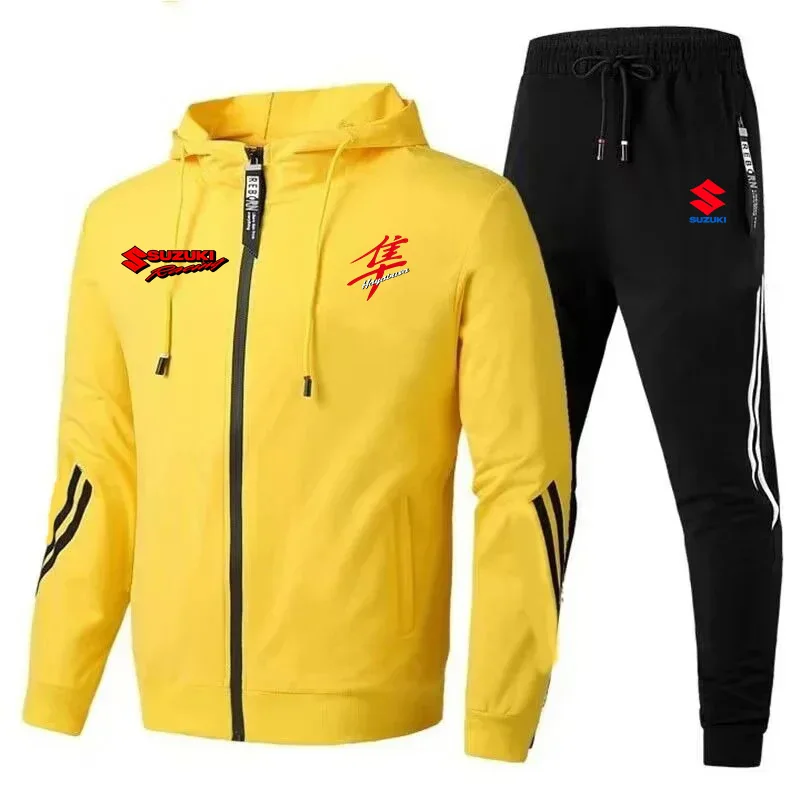 New Suzuki sportswear set for men, featuring a zip-up hooded sweatshirt and pants with Suzuki logo print. Quick delivery.