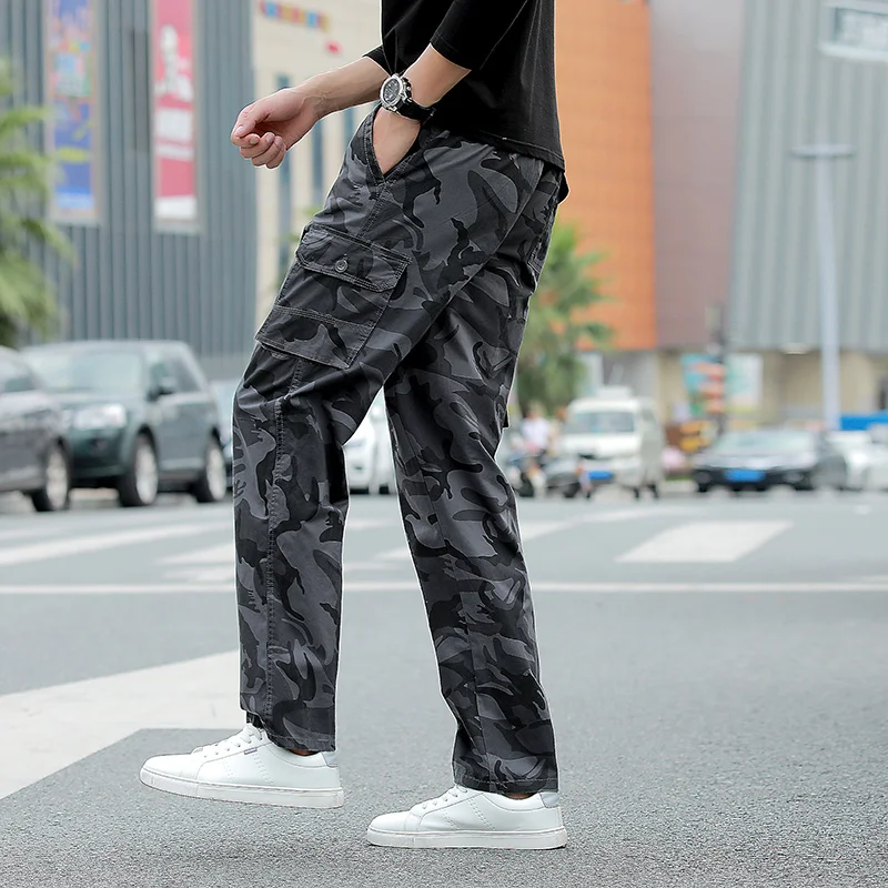 Men's Clothing Spring Autumn Geometric Camouflage Printing Button Elastic High Waisted Pockets Straight Trousers Vintage Pants