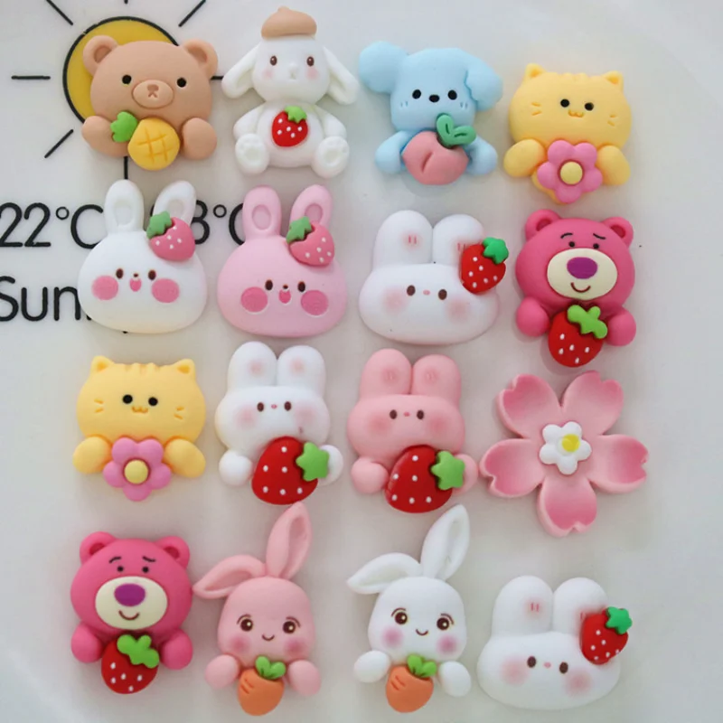 

10Pcs New Cute Resin Mini Cartoon Rabbit Strawberry Flat Back Cabochon Scrapbook Kawaii DIY Embellishments Decor Accessories