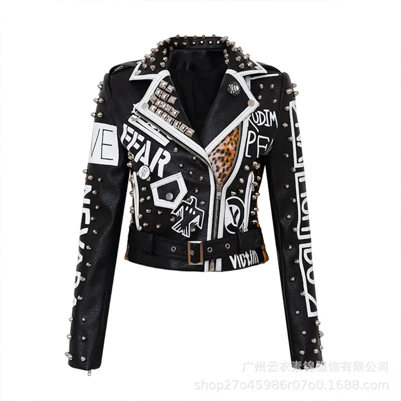 Women Punk Party Street Letter Printing Leather Jacket - Tiger Leather  Jackets