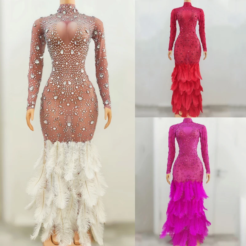 

High-End Rhinestones Feather Dress Women'S Evening Party Dresses Birthday Celebrate Costume Stage Performance Prom Outfit XS6442
