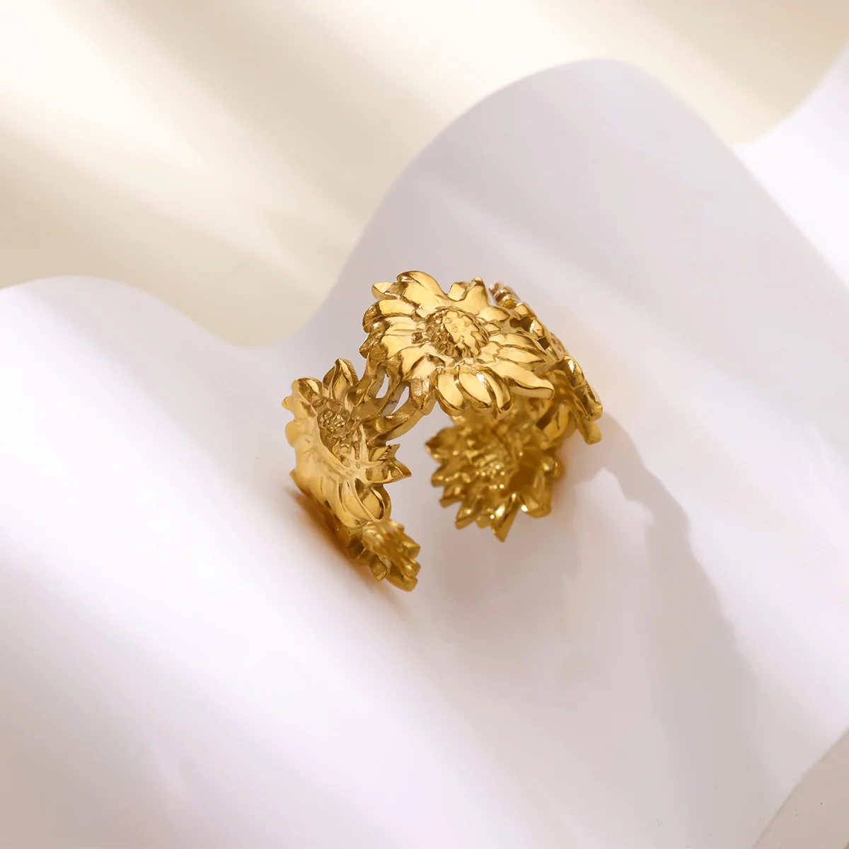 Fashion Sunflower Rings Gold Color Stainless Steel Adjustable