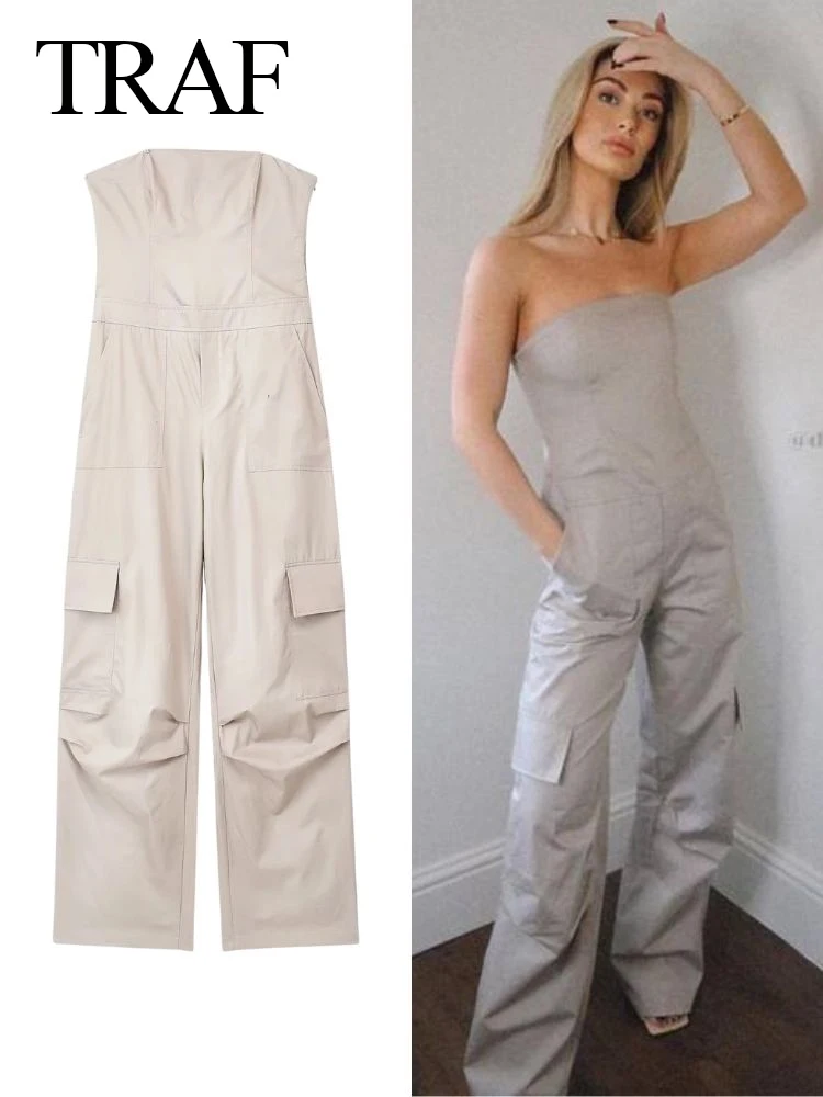 

TRAF Vintage Women Cargo Jumpsuits Summer High Waist Wide Leg Playsuits Female Sleeveless Tube TopOff Shoulder Jumpsuit