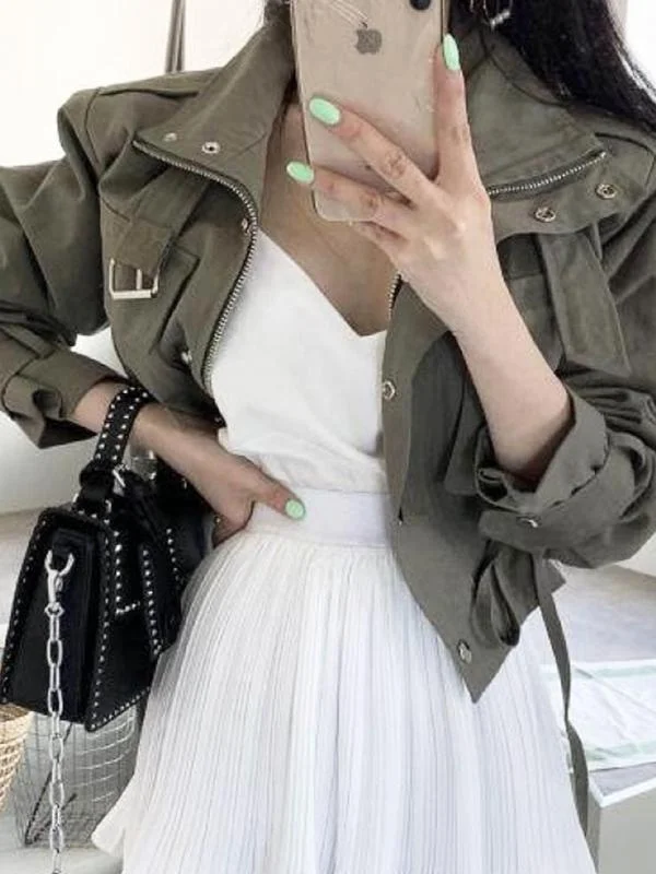 시크한 스트리트 스타일 짧은 작업복 재킷 여성용 지퍼 칼라 더블 포켓 드로스트링 허리 루즈핏 가을 아우터웨어