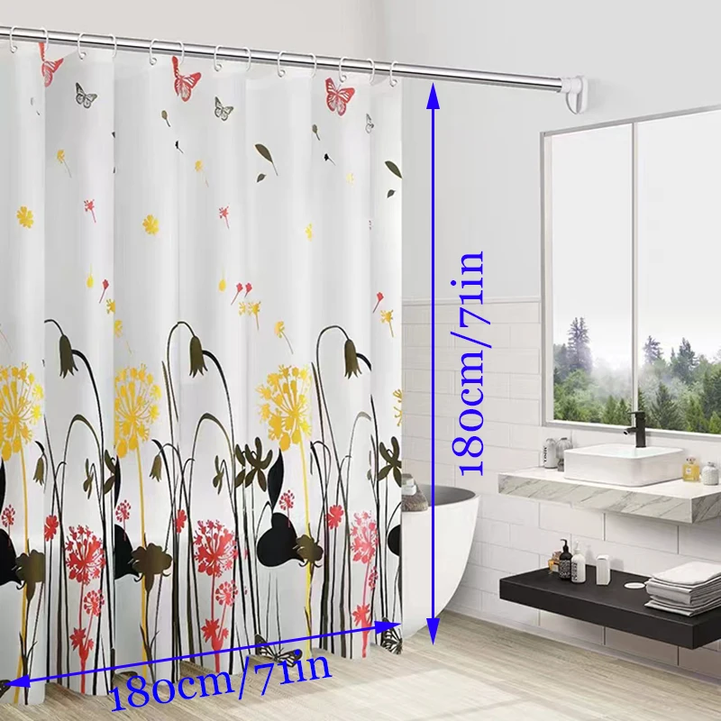 Dandelion, butterfly shower curtain, bathroom, with hook, bathroom decoration, beautiful wild flowers, yellow, 180x180cm